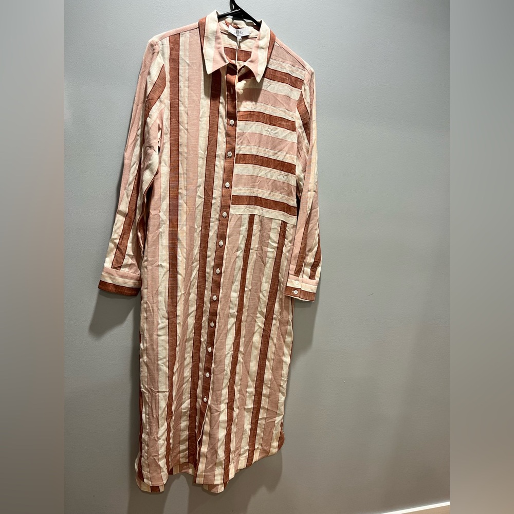 NWT Pearl by Lela Rose Striped Midi Shirtdress Blush Multi Cotton Linen Blend,M - Picture 2 of 11